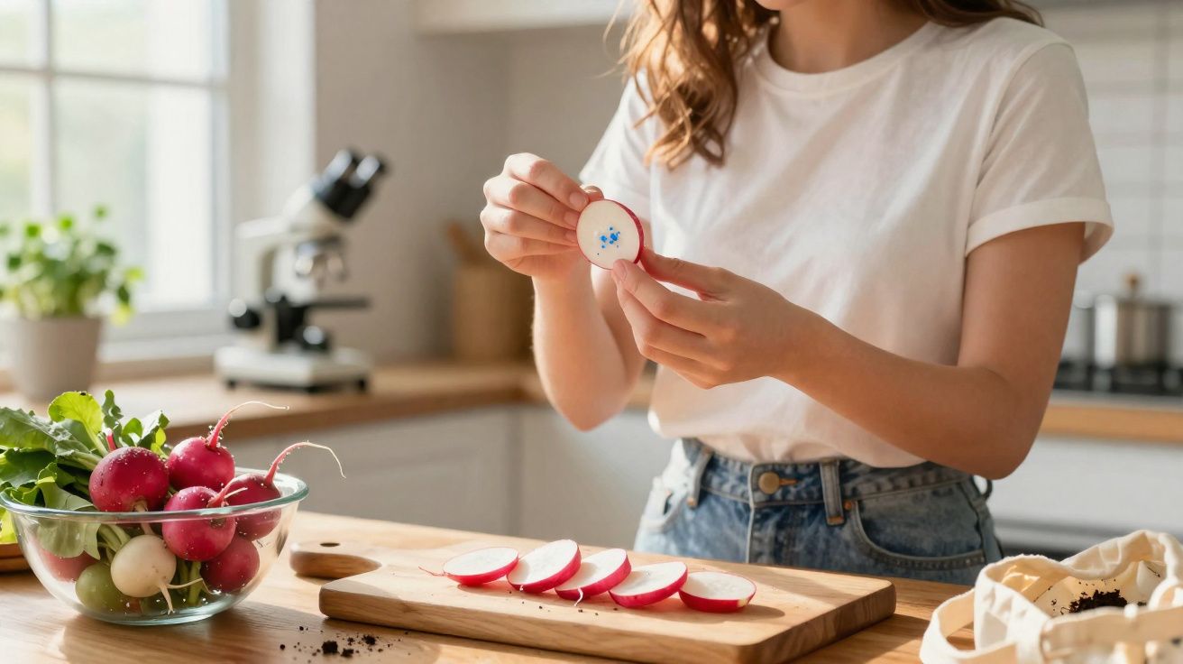 Pessoa a segurar uma fatia de rabanete, com mais fatias numa tábua de cortar na cozinha.