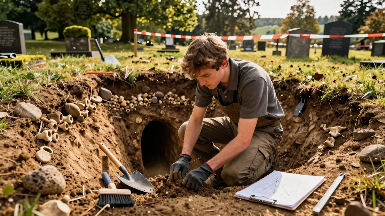 Jovem arqueólogo escava e examina artefactos num sítio arqueológico ao ar livre cheio de ossos.