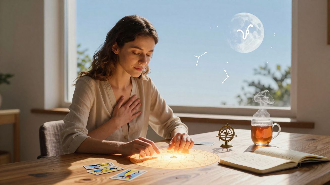 Mulher a praticar astrologia com cartas, roda zodiacal luminosa e chá quente numa mesa junto à janela.