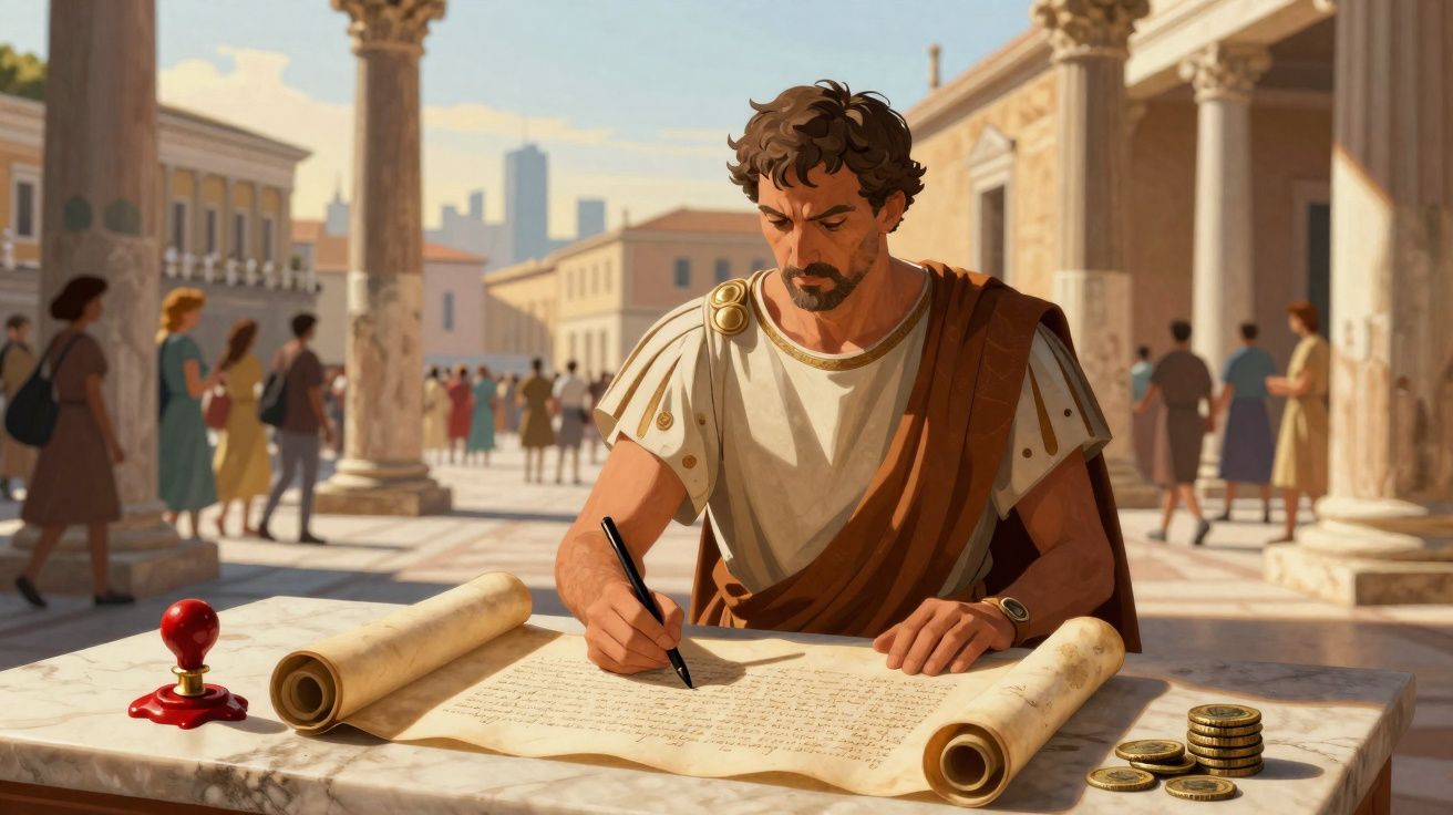 Homem romano a escrever num pergaminho numa praça com colunas e pessoas ao fundo.