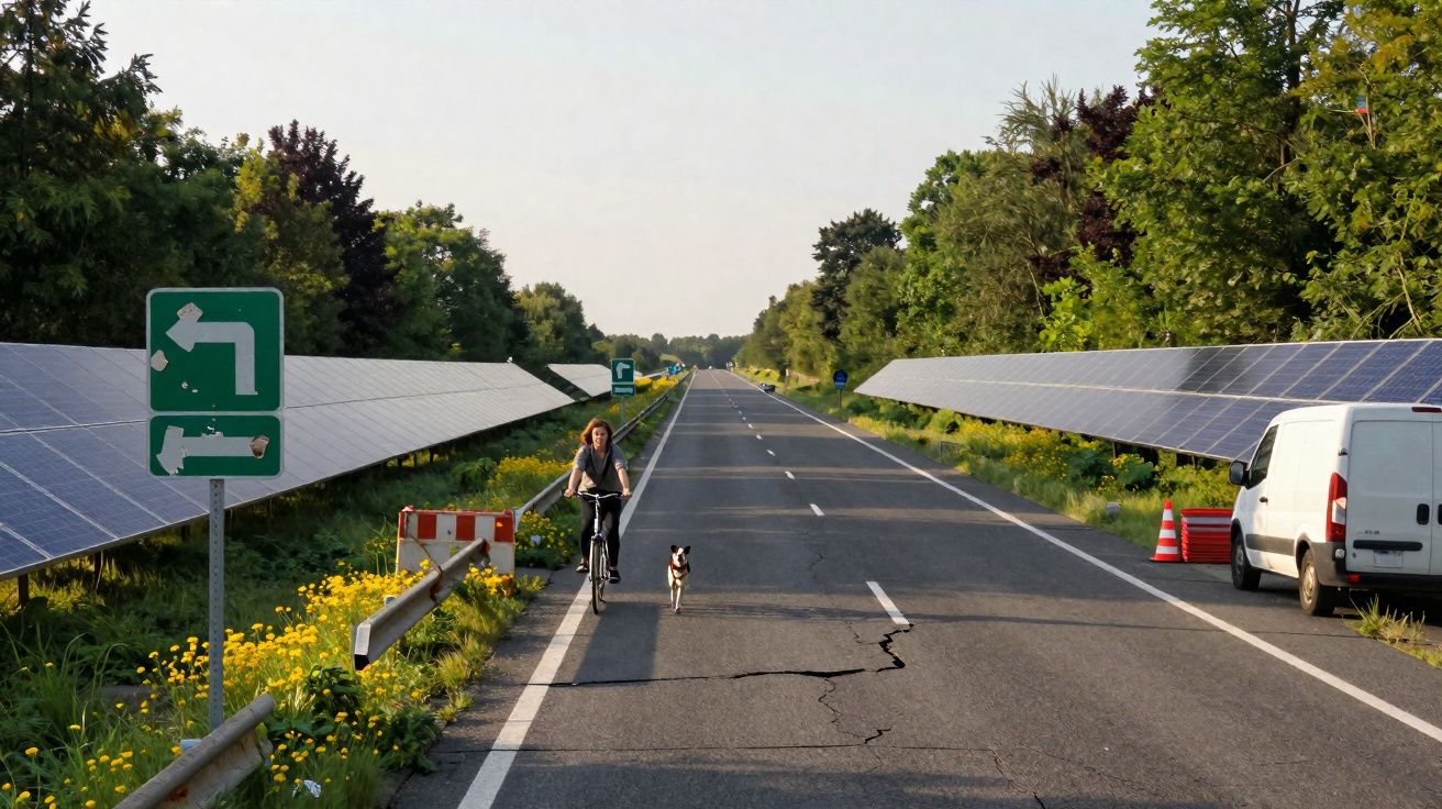 Mulher a andar de bicicleta com cão ao lado numa estrada rodeada por painéis solares e árvores.