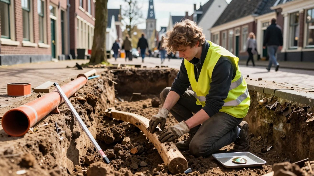 Operário com colete refletor a trabalhar num buraco na rua, manuseando tubo de madeira.
