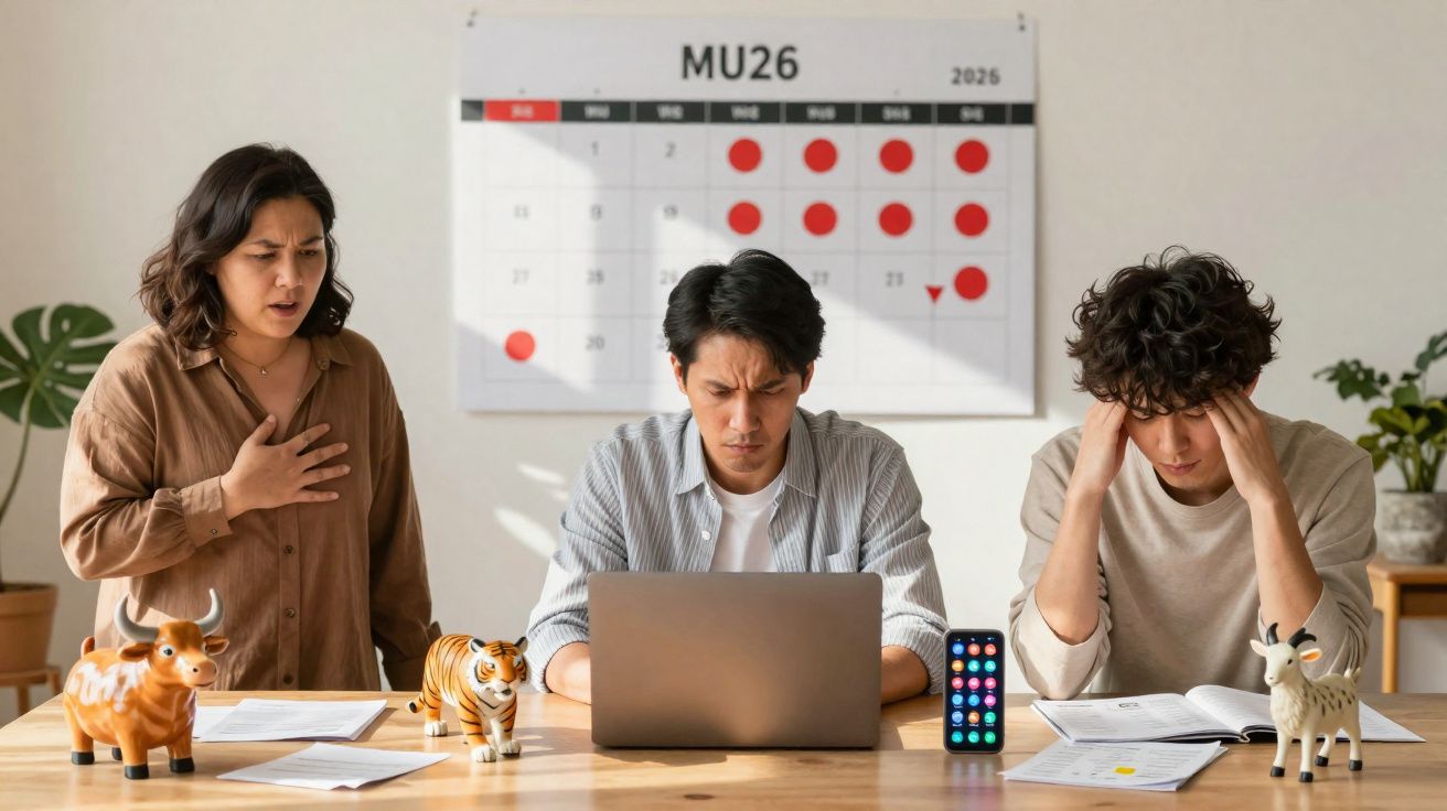 Três pessoas preocupadas a trabalhar com laptop e documentos, com calendário ao fundo e figuras de animais na mesa.