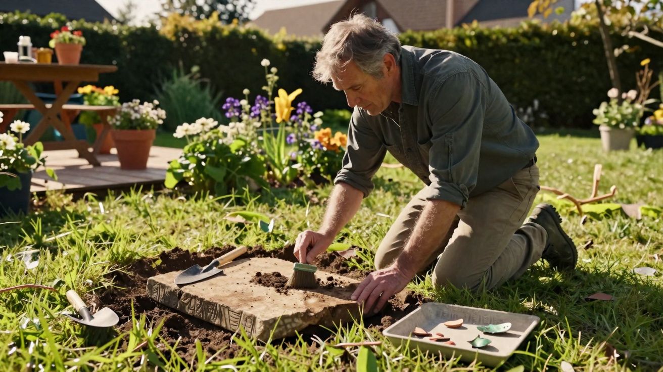 Homem a limpar cuidadosamente um pedaço de pedra com escova num jardim cheio de plantas floridas.