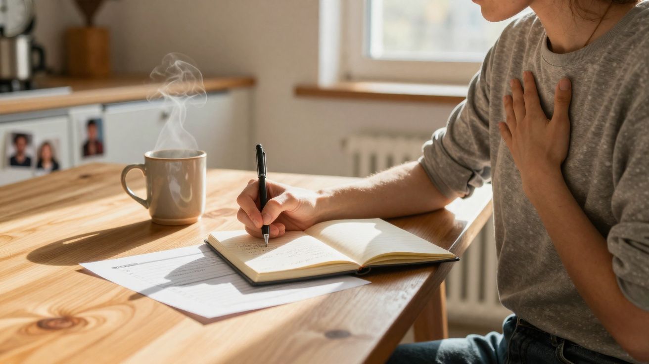 Pessoa a escrever num caderno com uma mão no peito, ao lado de uma chávena de café fumegante numa mesa de madeira.