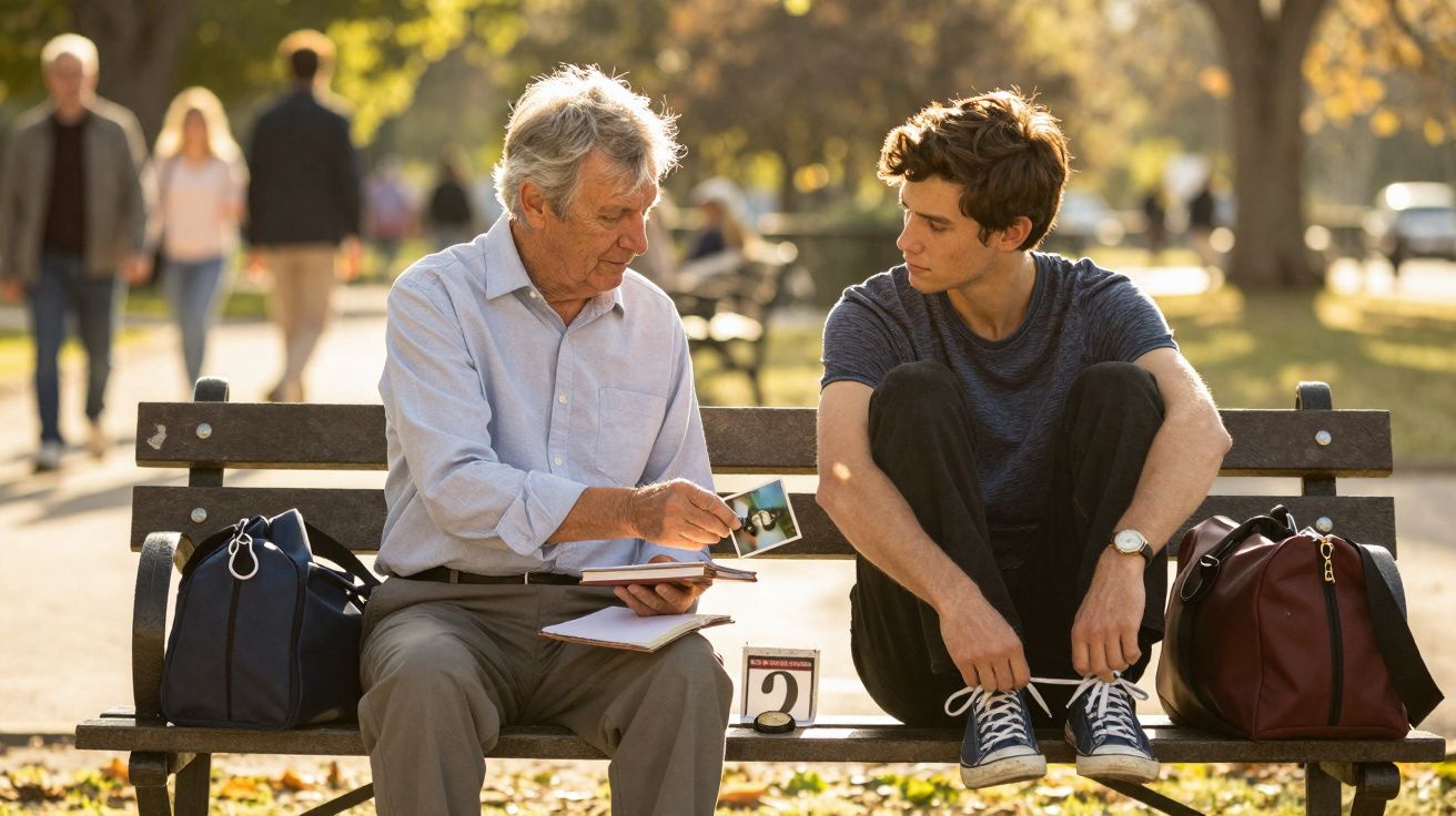 Homem idoso e jovem sentados num banco de parque, conversando e olhando fotografias ao fim da tarde.