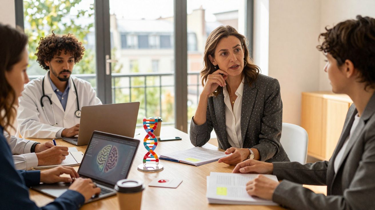 Grupo de profissionais em reunião médica com laptops, documentos e modelo de DNA numa sala iluminada.