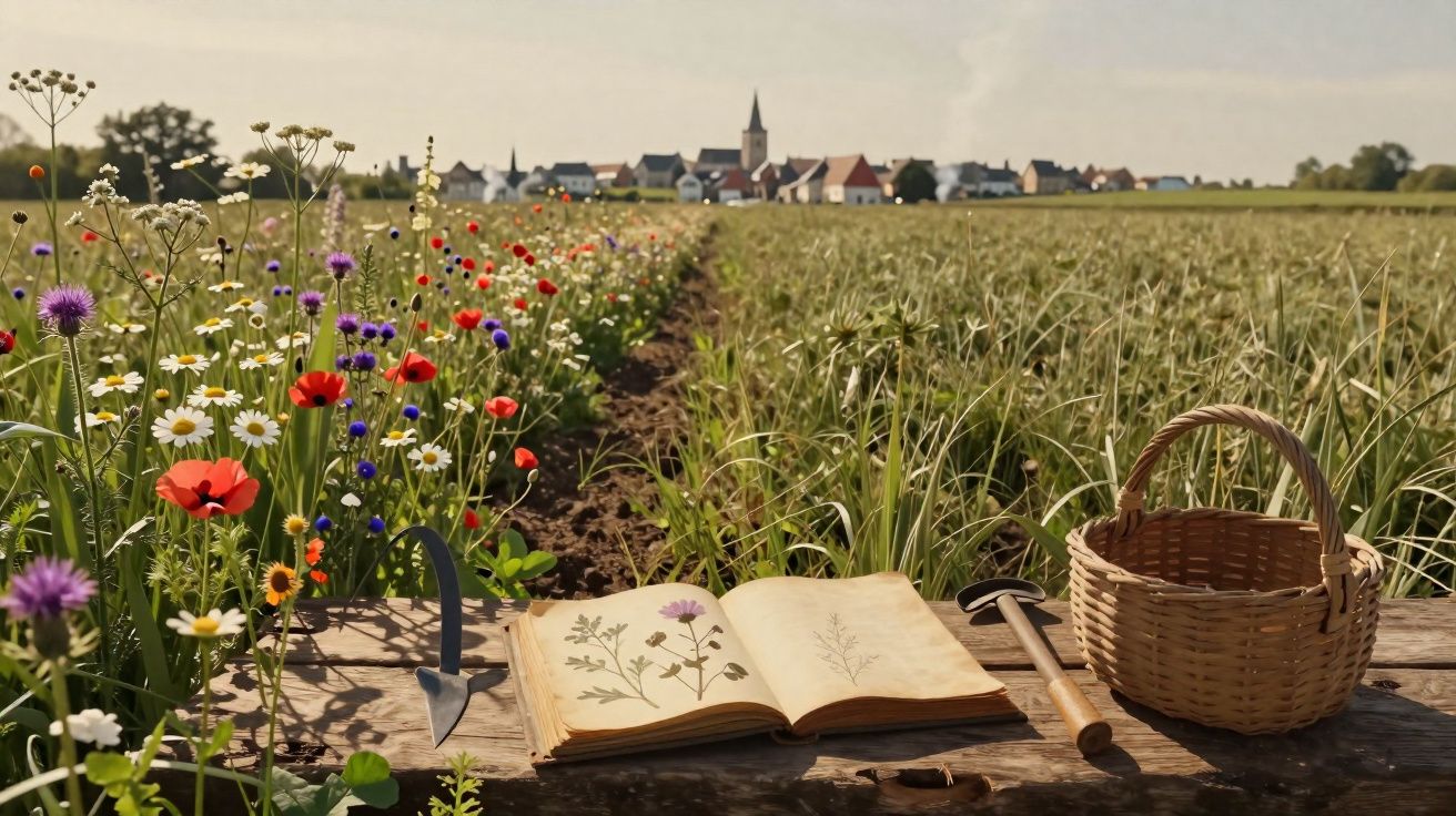 Campo com flores silvestres, livro de plantas aberto, ferramentas de jardinagem e cesta de vime numa bancada de madeira.