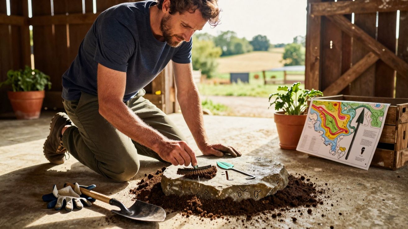 Homem a escavar e examinar um fóssil num laboratório com ferramentas e um mapa colorido ao fundo.