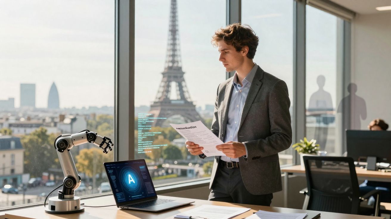 Homem de negócios em escritório moderno com robô, laptop e vista para a Torre Eiffel em Paris.