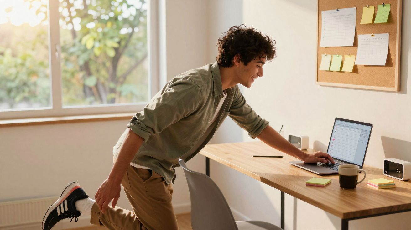 Jovem com roupa casual faz alongamento enquanto usa computador portátil numa mesa de escritório em casa.