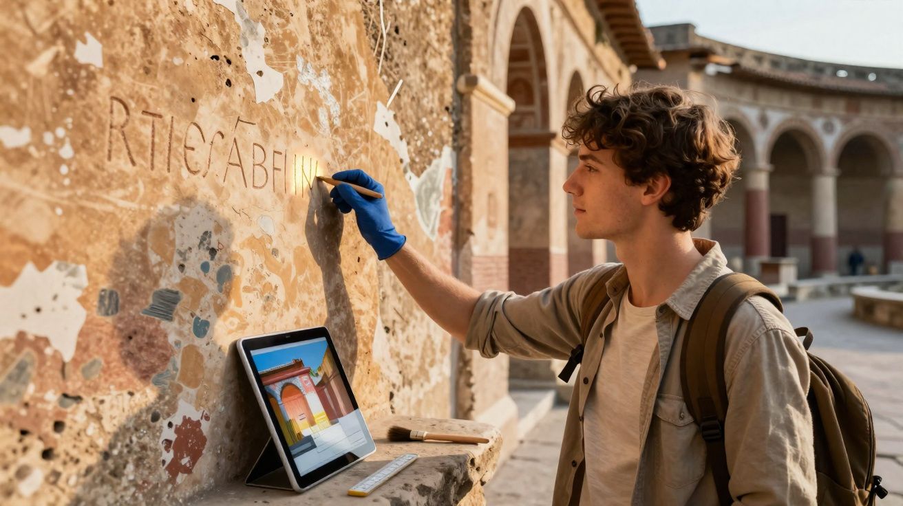 Jovem arqueólogo a restaurar inscrições antigas numa parede de ruínas históricas ao ar livre.