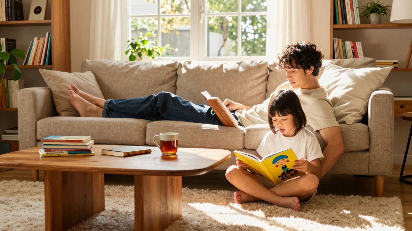 Pai e filha a ler livros numa sala iluminada, com sofá, mesa de madeira e estante com livros ao fundo.