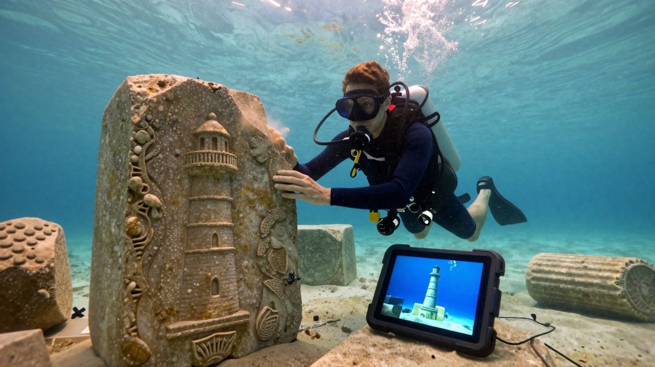 Mergulhador examina uma escultura subaquática de farol entre outras estruturas no fundo do mar.