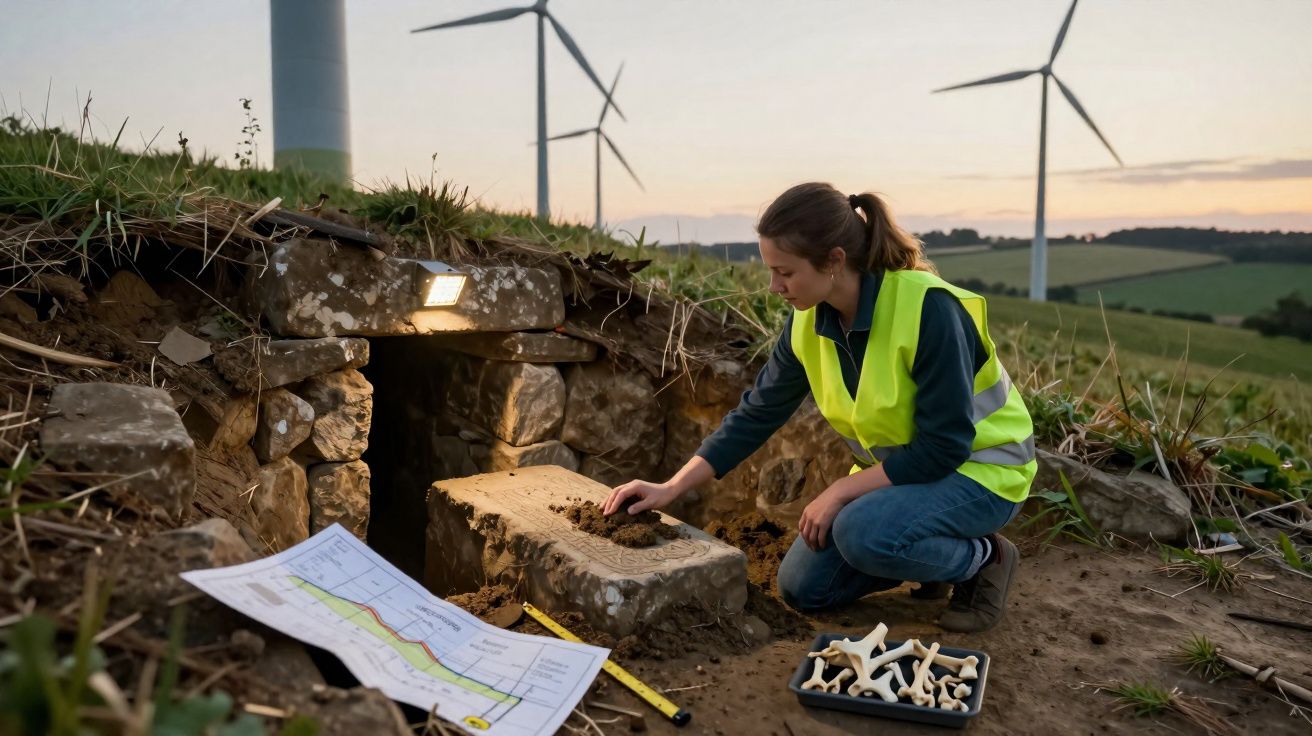 Arqueóloga a investigar vestígios ósseos numa escavação ao ar livre com turbinas eólicas ao fundo.