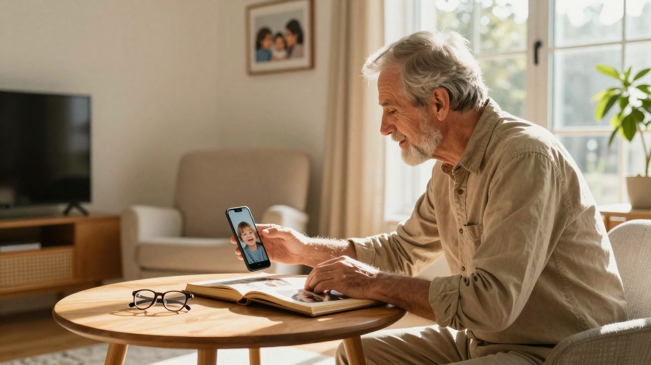 Homem idoso sentado a sorrir enquanto vê foto de criança no telemóvel, com álbum aberto na mesa.