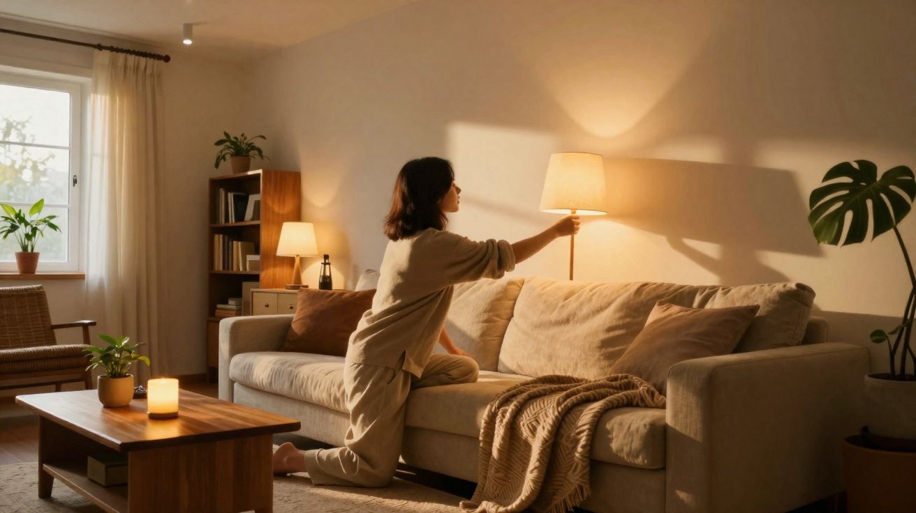 Mulher a acender candeeiro de pé numa sala acolhedora com sofá, manta e plantas.