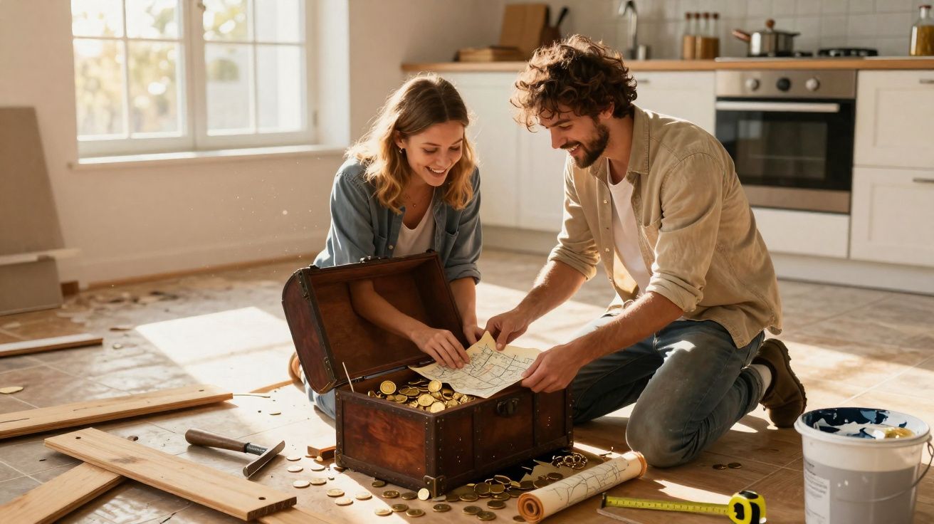 Casal feliz a encontrar um baú cheio de moedas de ouro e mapas, sentado no chão de uma cozinha iluminada.