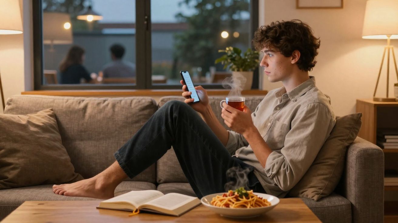 Jovem sentado no sofá com chá e telemóvel, com prato de massa e livro na mesa à sua frente.