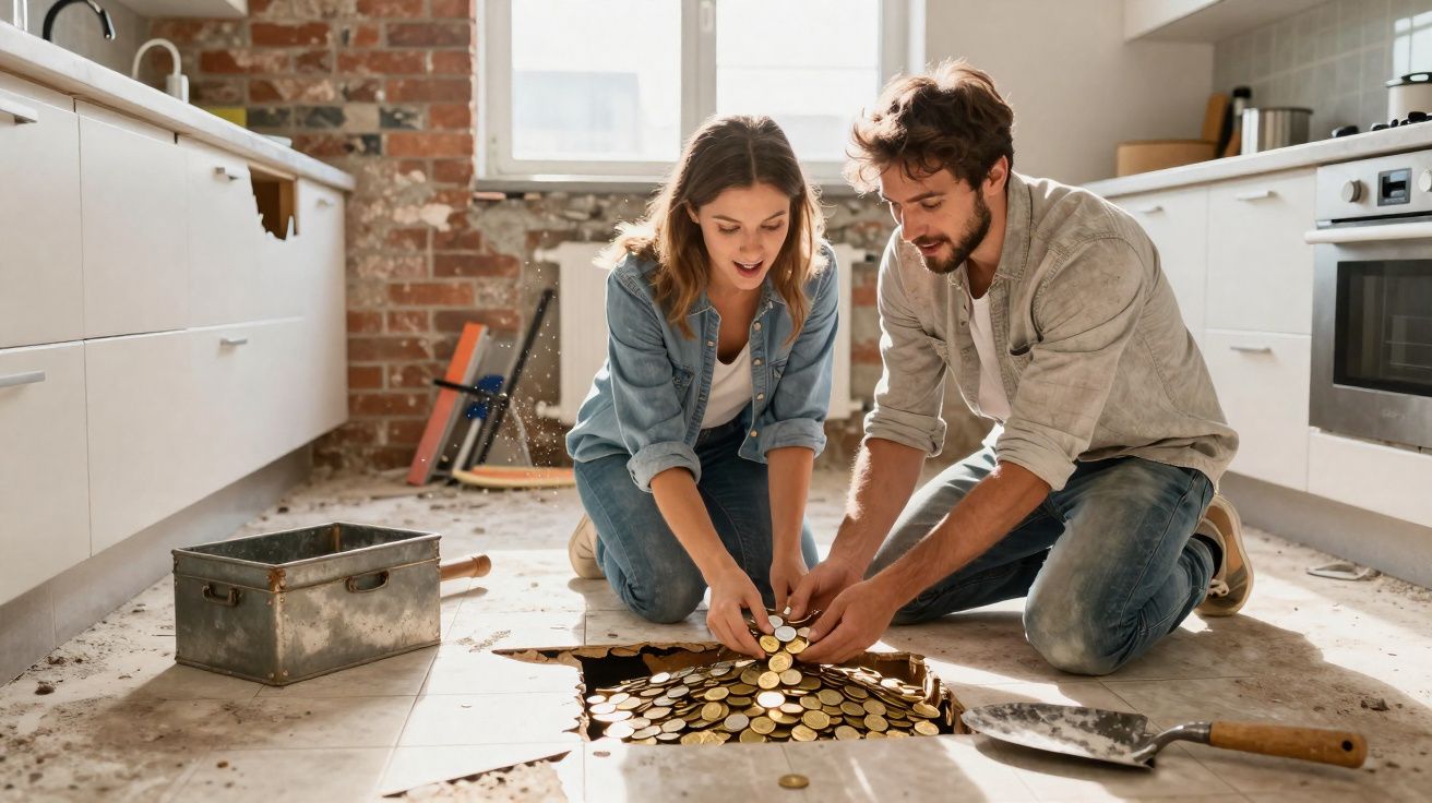 Casal ajoelhado numa cozinha a recolher moedas de ouro num buraco no chão com azulejos partidos.