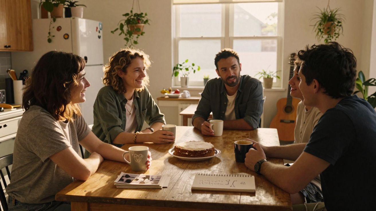 Cinco jovens sentados à volta de uma mesa de madeira numa cozinha, a beber café e conversar.
