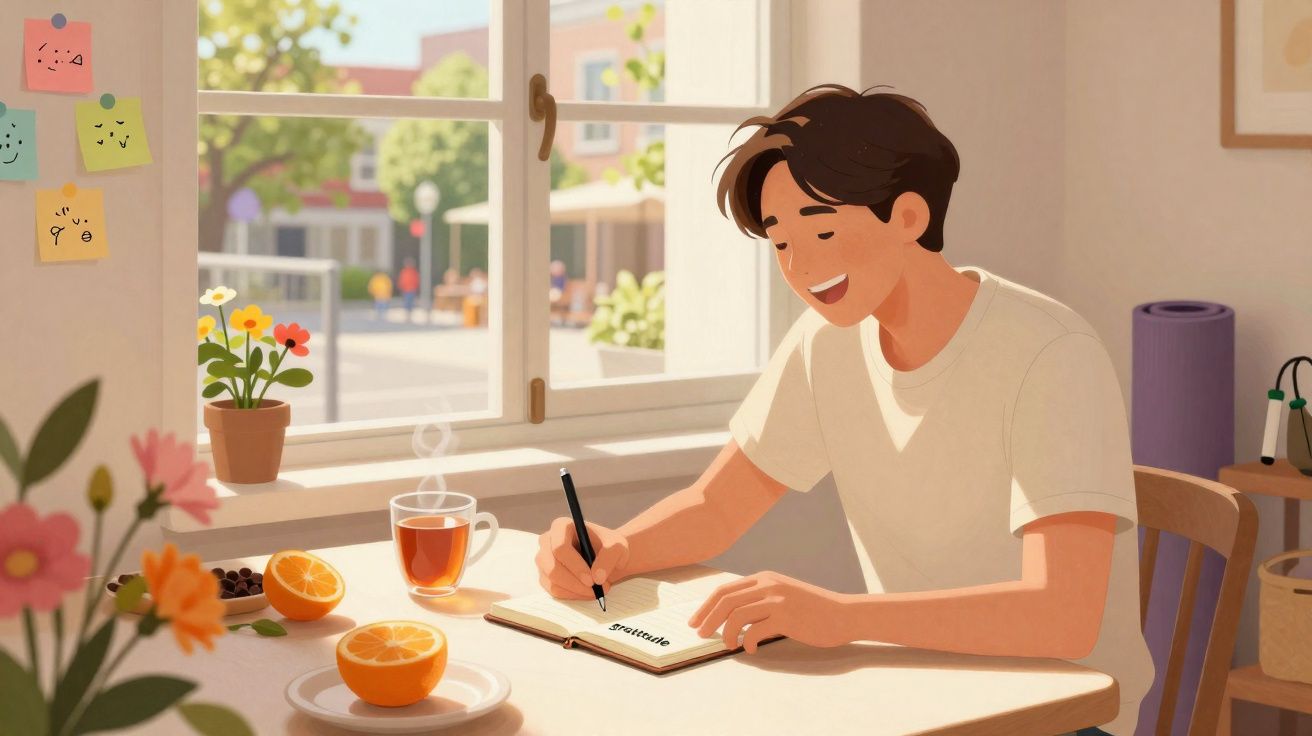 Jovem sentado à mesa a escrever num caderno, com chá e frutas, numa sala iluminada pelo sol.