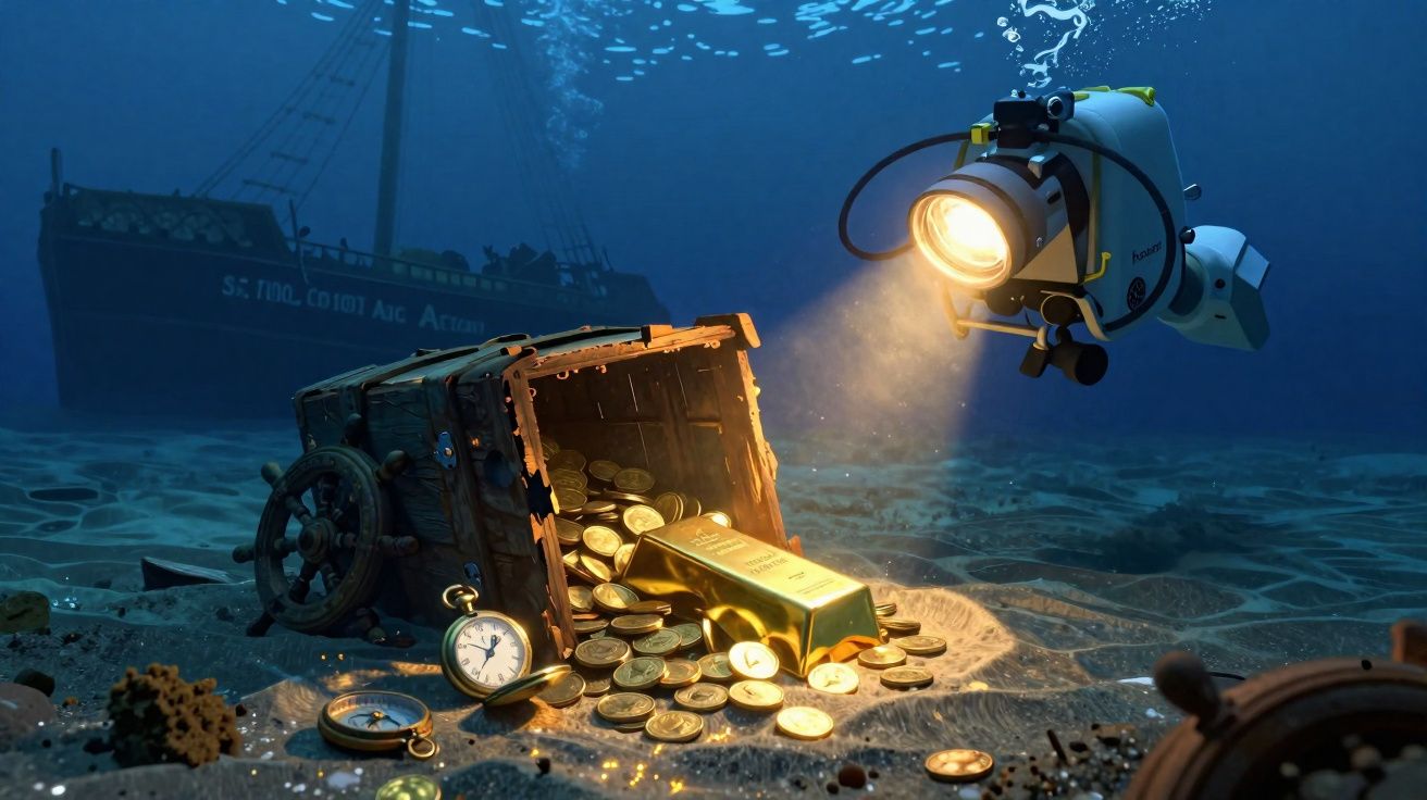Robot subaquático com luz a iluminar baú do tesouro com moedas e barra de ouro no fundo do mar, navio naufragado ao fundo.