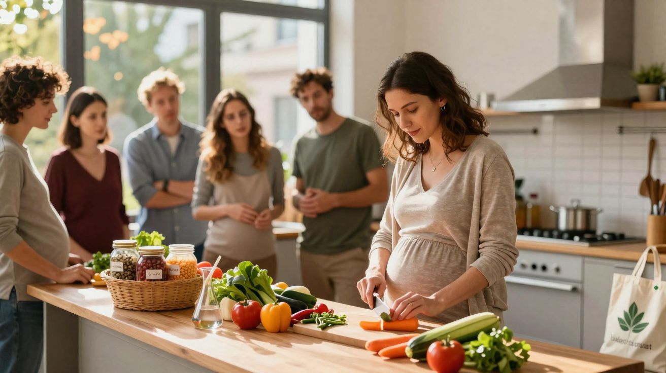 Mulher grávida a cortar legumes numa cozinha moderna com grupo de pessoas ao fundo atento.
