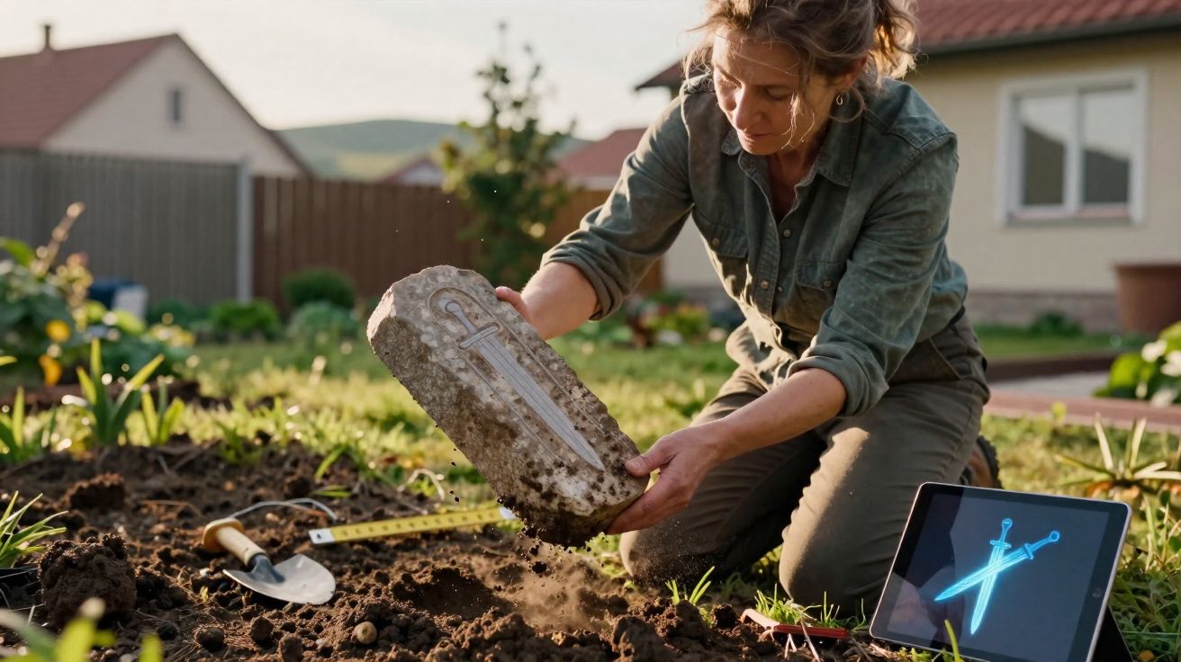 Mulher a cavar terra no jardim, segurando pedra com gravura de espada, com tablet ao lado mostrando imagem 3D.