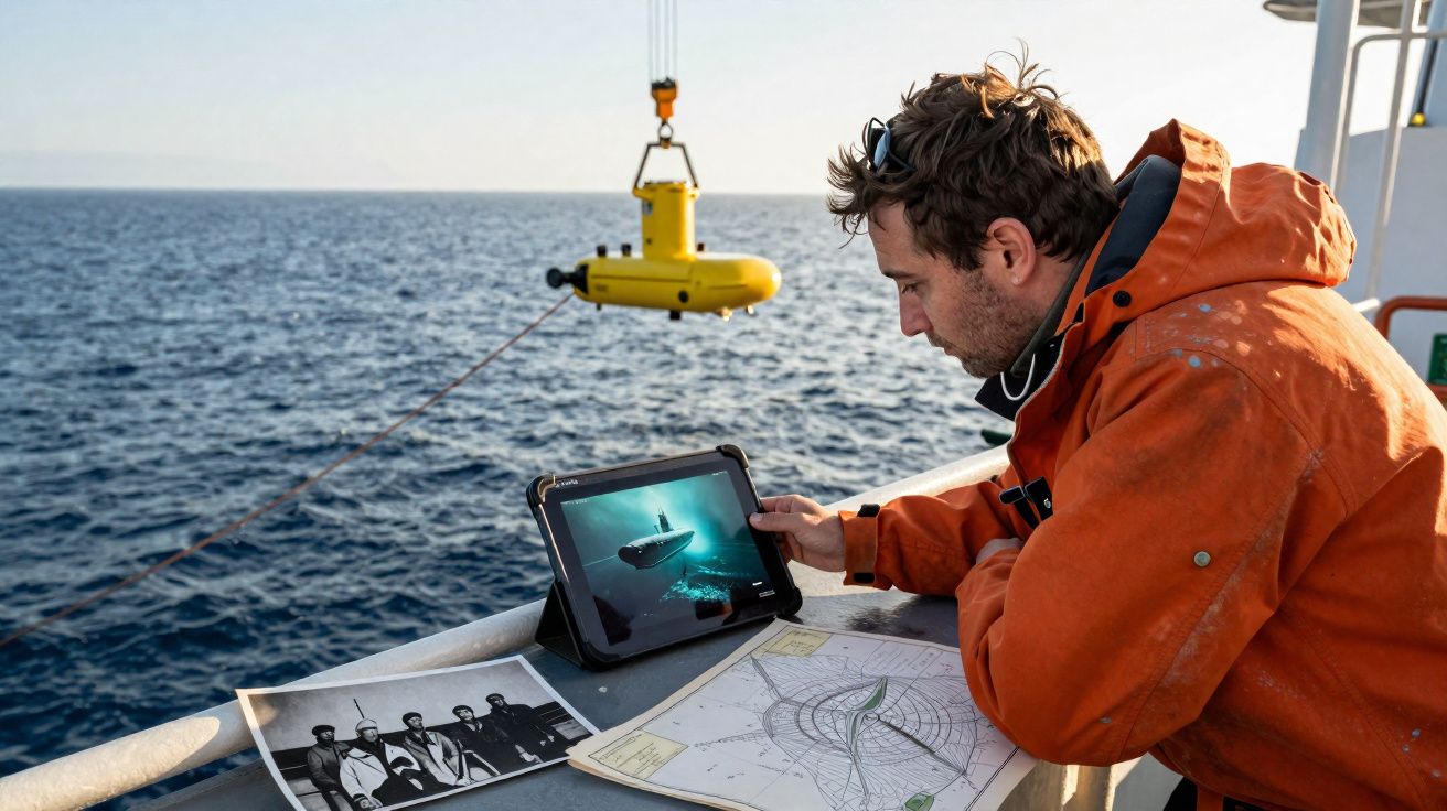Homem com casaco laranja verifica tablet com imagem de veículo subaquático no convés de um barco no mar.