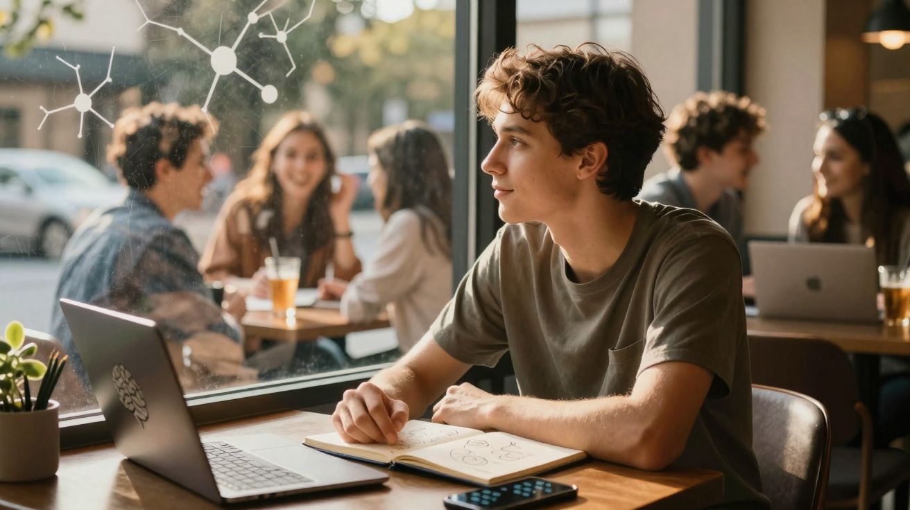 Jovem sentado junto a janela em café, a olhar para o lado com caderno e computador à sua frente.