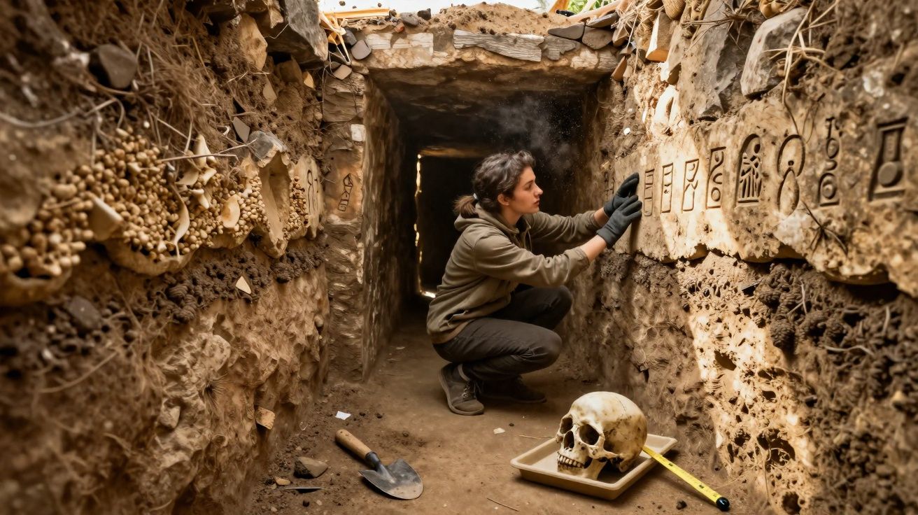 Arqueóloga examina inscrições antigas numa escavação subterrânea com crânio humano e ferramentas no chão.