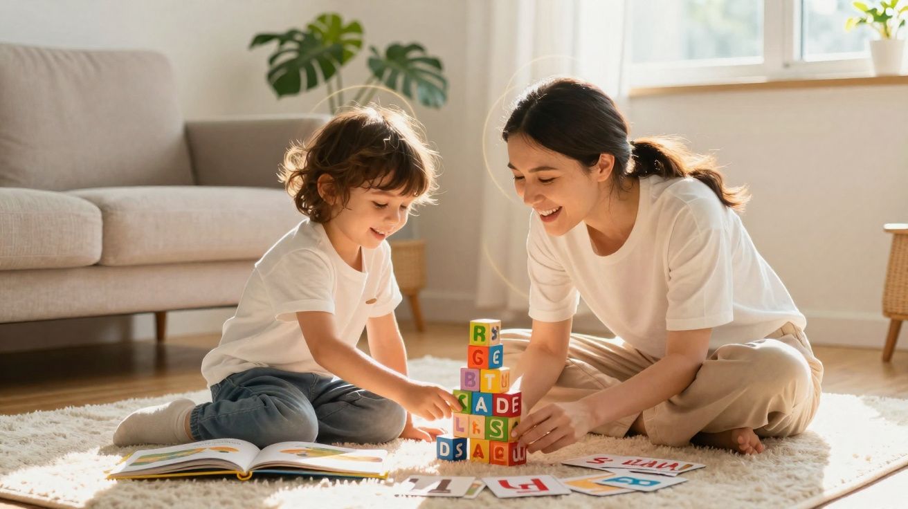 Criança e mulher sentadas no chão a brincar com blocos de letras num ambiente luminoso e acolhedor.