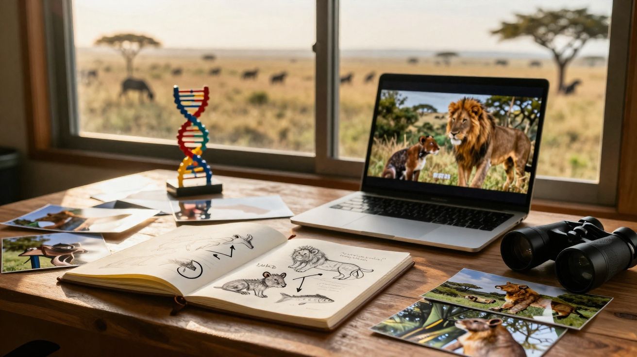Mesa com livro aberto de desenhos de leões, modelo de DNA, computador com imagem de animais e binóculos perto de janela com v