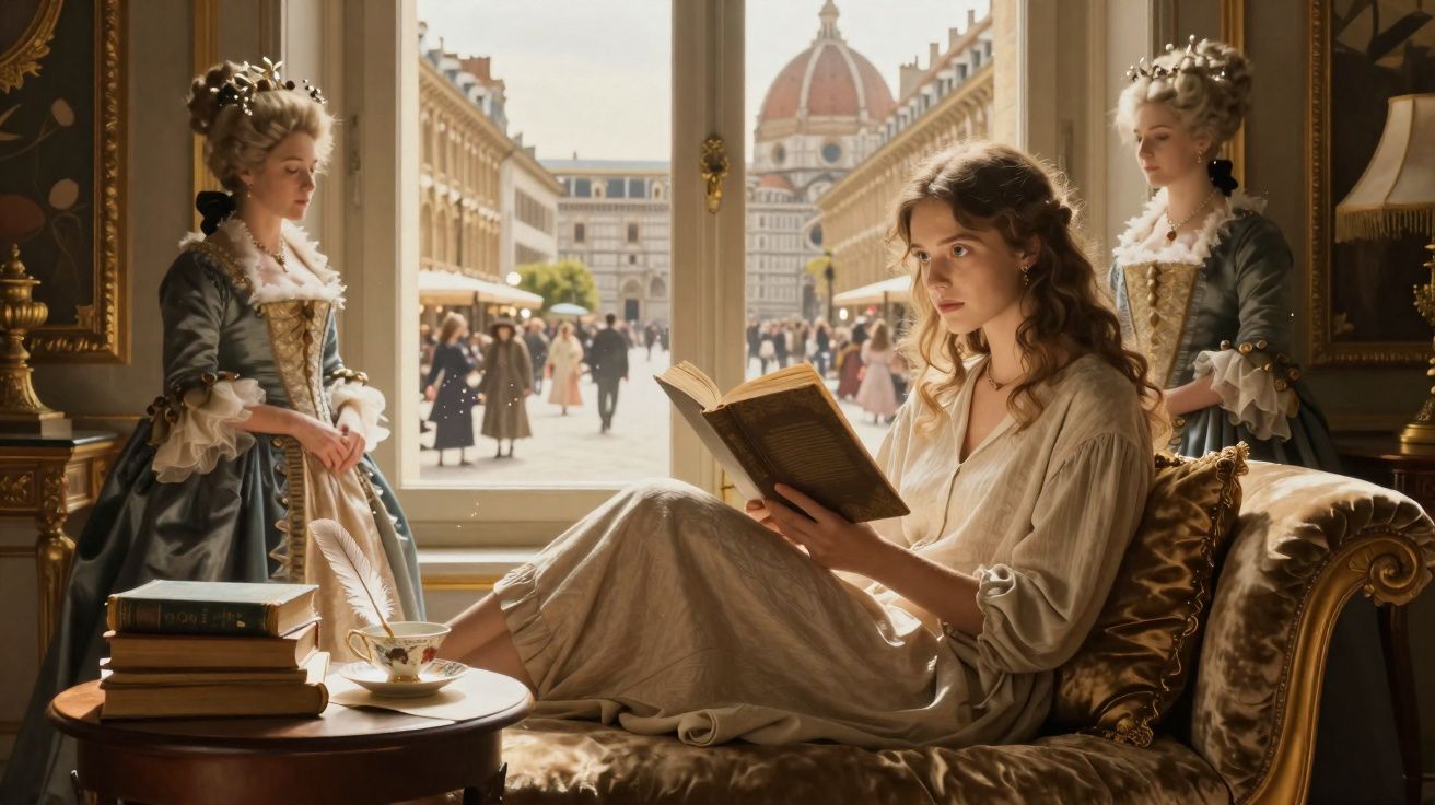 Jovem sentada a ler num sofá antigo, com duas mulheres vestidas ao estilo barroco ao fundo.