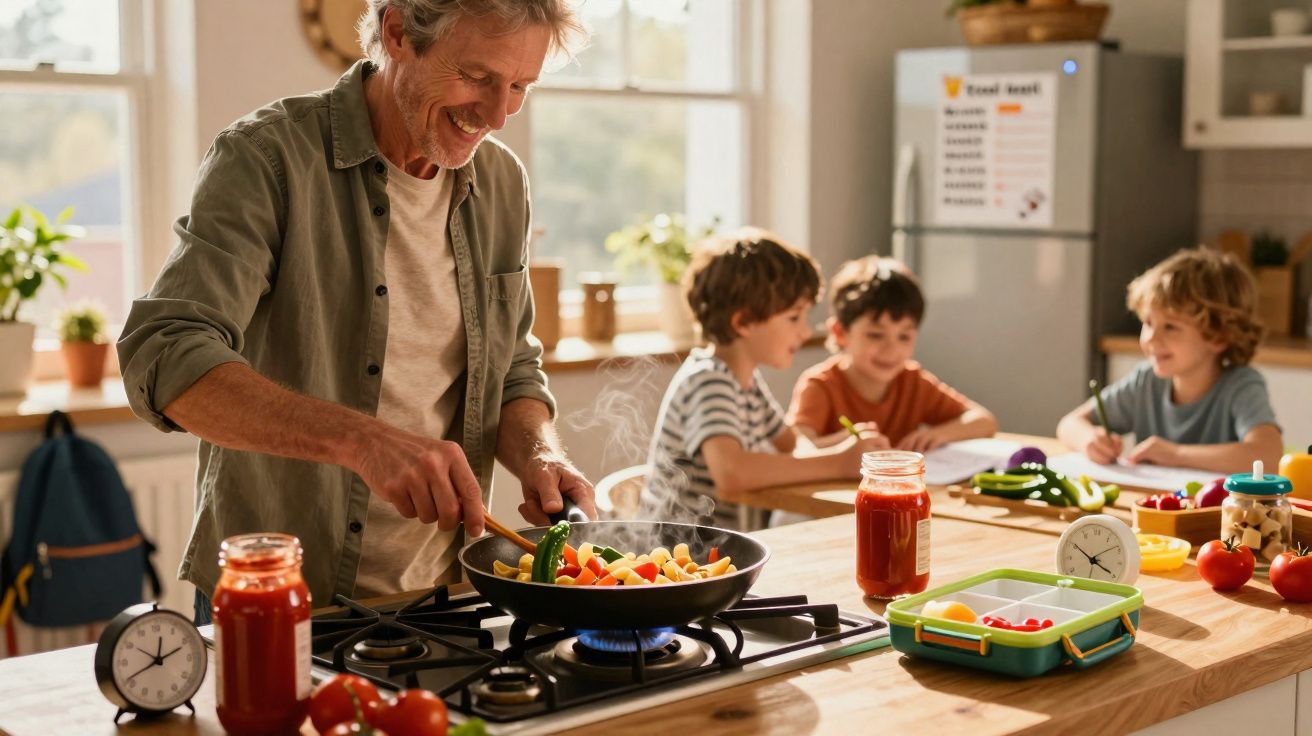 Homem a cozinhar legumes numa frigideira enquanto três crianças fazem trabalhos escolares ao fundo.