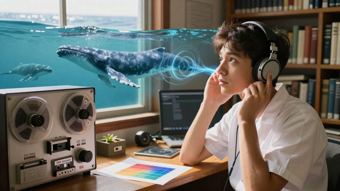 Jovem com auscultadores numa biblioteca imagina uma baleia azul a sair da fita de um gravador antigo.