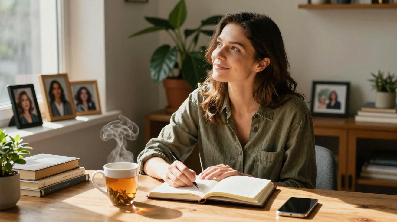 Jovem sorridente a escrever num caderno, sentada numa mesa com chá quente, telemóvel e livros numa sala iluminada.