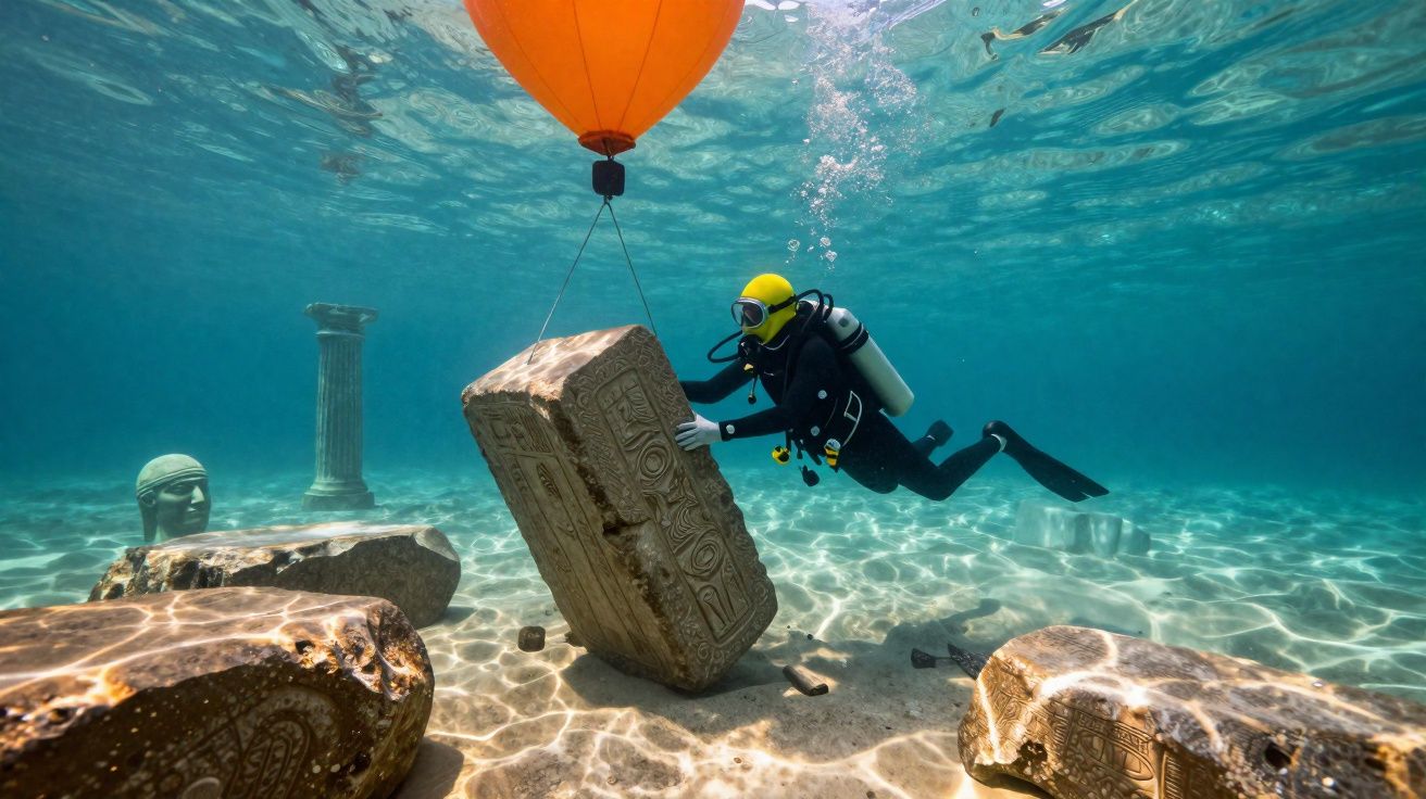 Mergulhador com equipamento resgata bloco de pedra antigo no fundo do mar com artefactos arqueológicos.