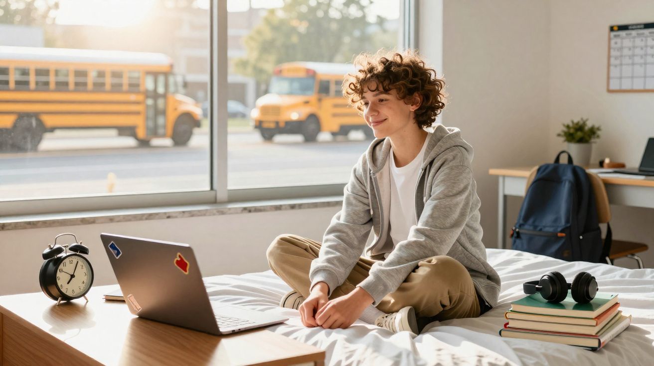 Jovem sentado na cama a sorrir para um portátil, com autocarros escolares visíveis pela janela atrás.