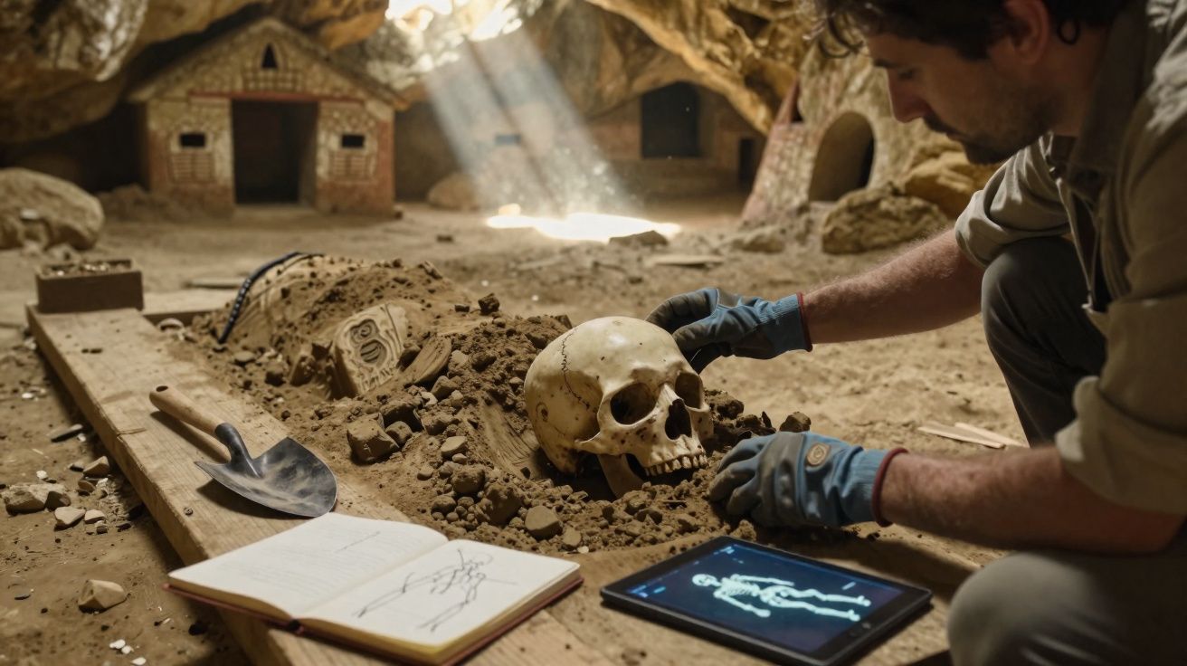 Arqueólogo a examinar crânio humano numa escavação em caverna com esboços e tablet ao lado.