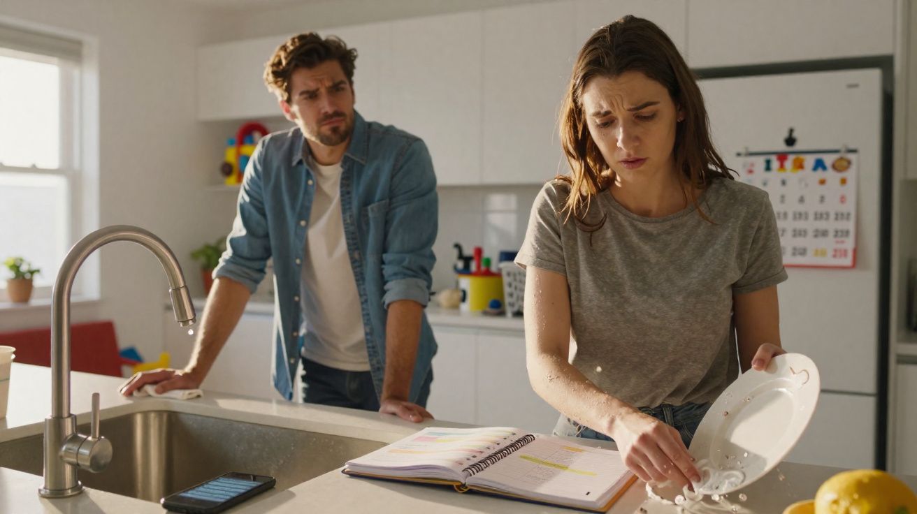 Casal na cozinha discutindo enquanto mulher lava prato e homem observa sério.