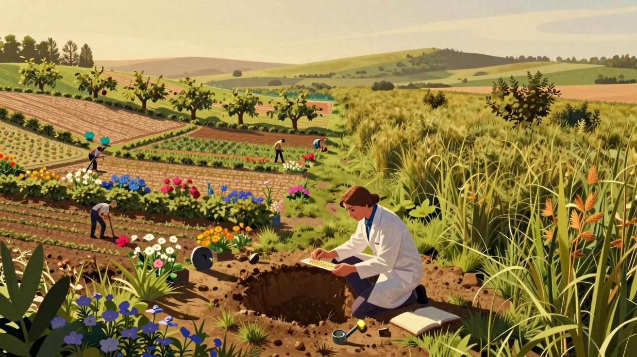 Pessoa com bata branca a estudar plantas num campo agrícola com várias plantas e pessoas a trabalhar ao fundo.