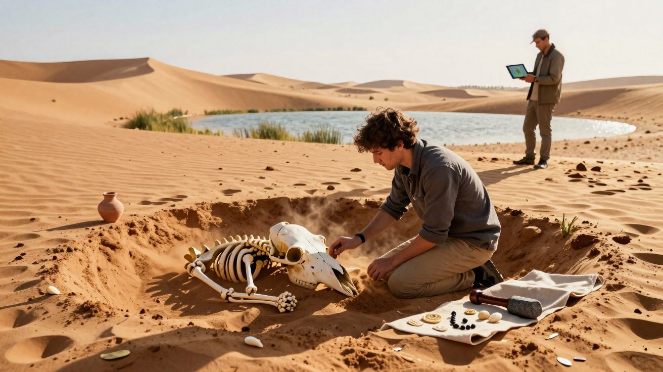 Jovem arqueólogo escava esqueleto animal no deserto com lago ao fundo e colega a observar tablet.