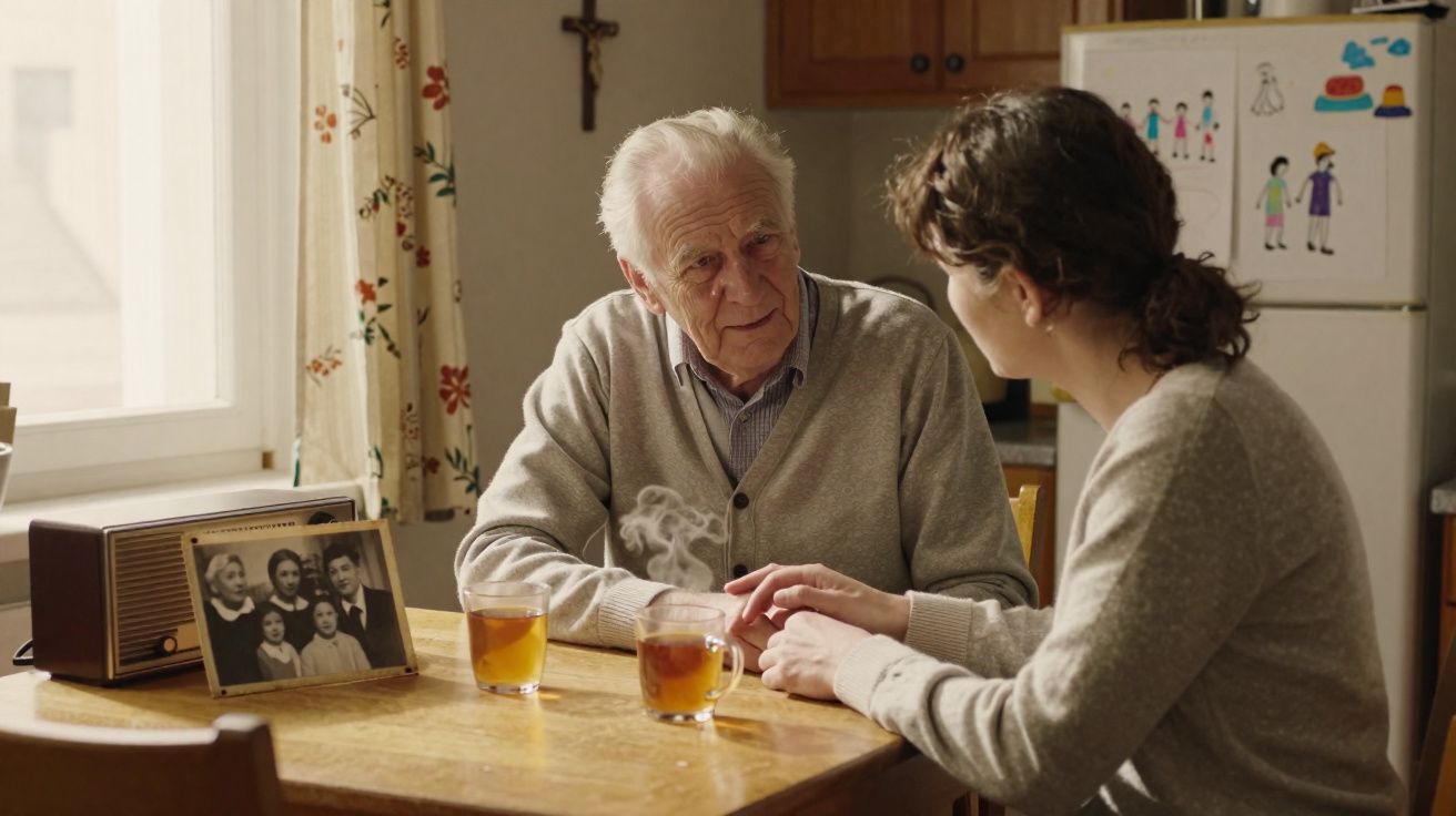 Homem idoso e mulher sentados à mesa da cozinha, conversando com chá quente e fotografia familiar ao lado.