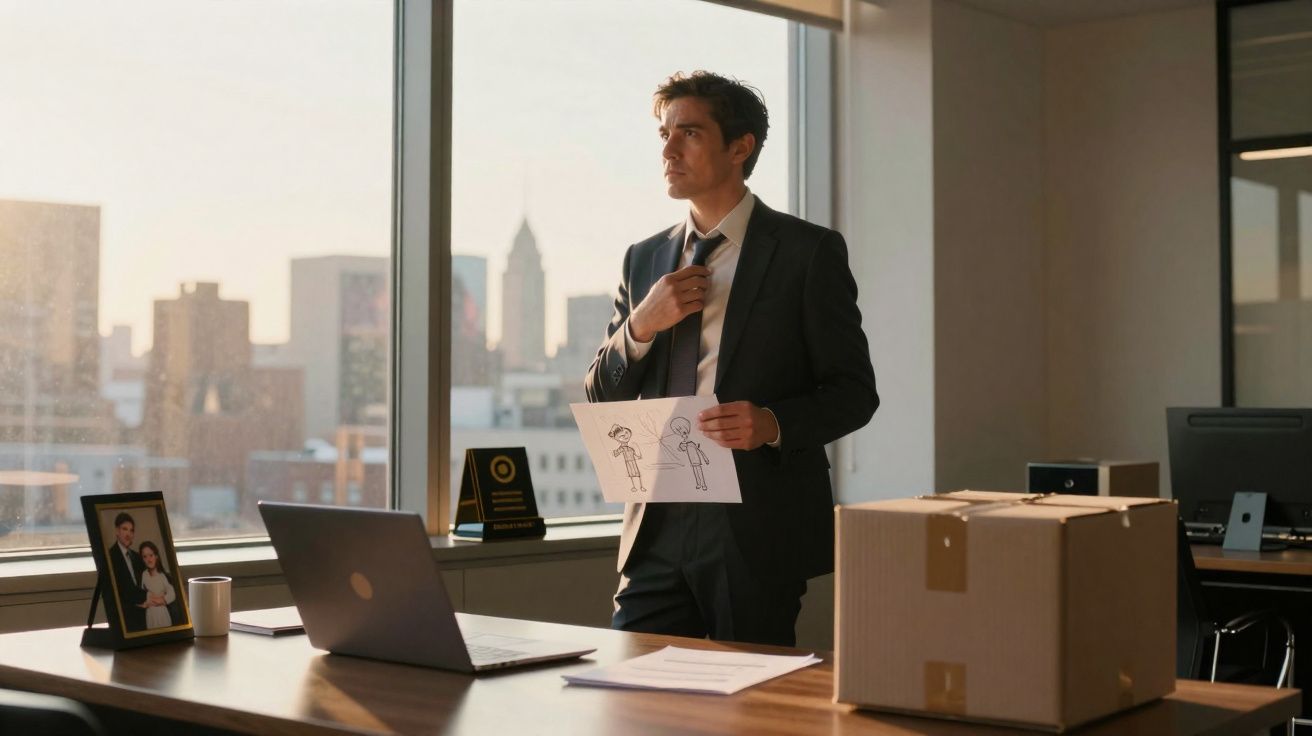 Homem de fato ajusta gravata enquanto segura desenho em escritório com vista urbana ao pôr do sol.