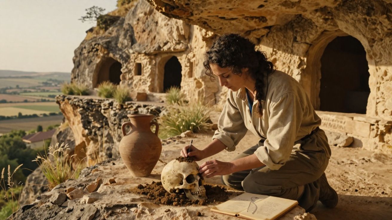 Mulher arqueóloga examina crânio humano ao ar livre perto de cavernas escavadas na rocha, com jarro e caderno.
