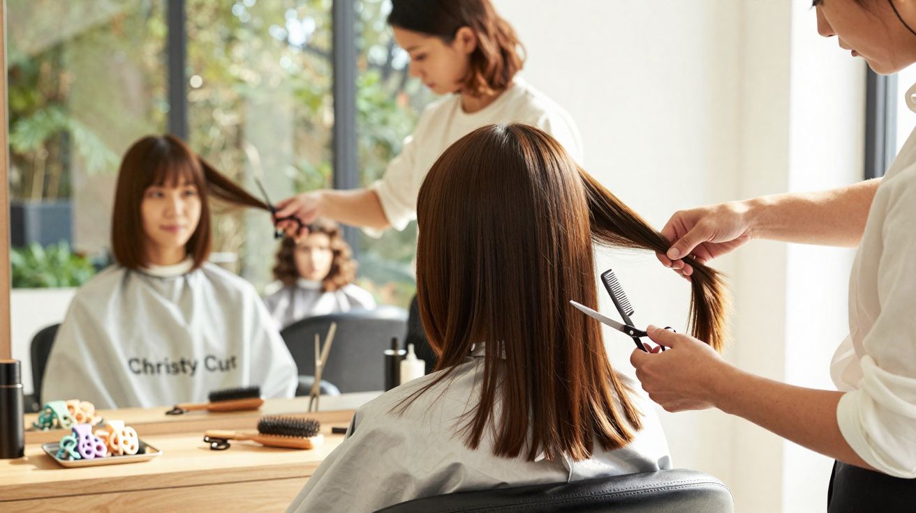 Clientes a receber corte de cabelo feminino num salão de beleza moderno e luminoso.