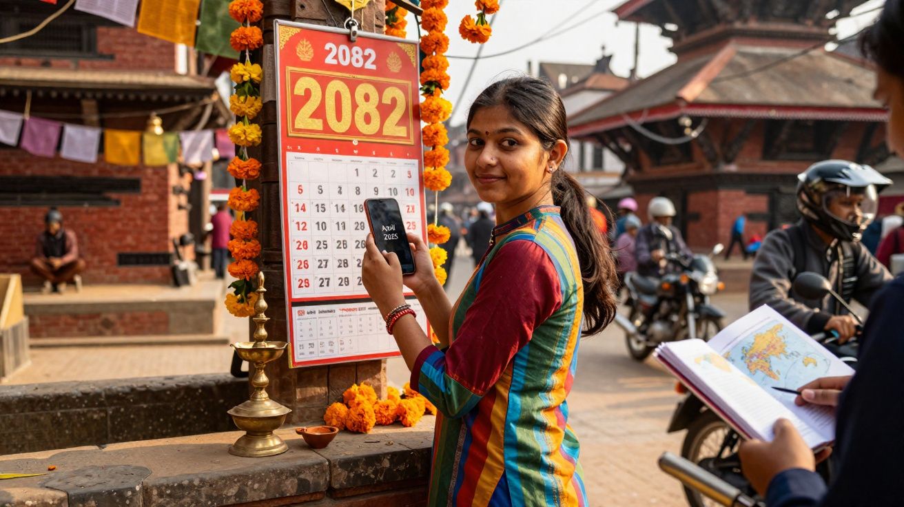 Jovem mulher segura telemóvel junto a calendário decorado com flores num espaço urbano tradicional.