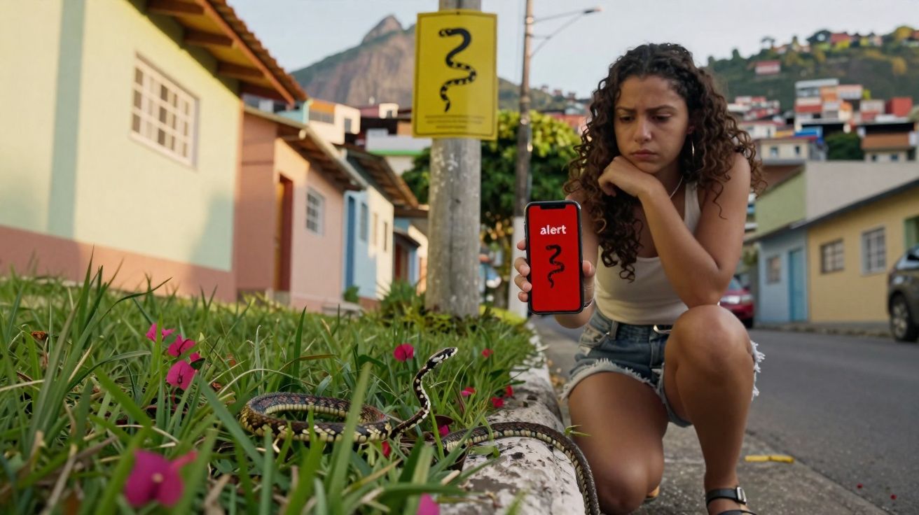 Mulher alerta para uma cobra no relvado junto a uma rua residencial com casas coloridas.
